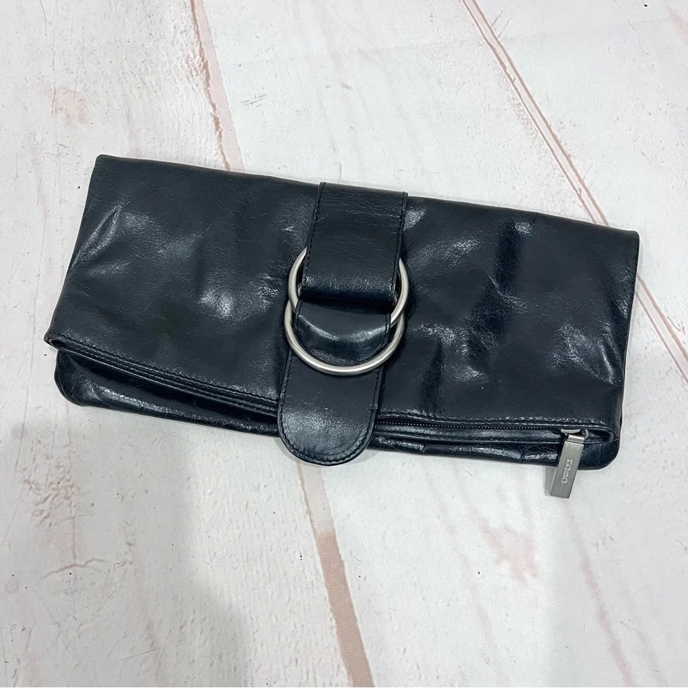 Hobo International Leather Foldover Metal Ring Madeline Clutch Purse